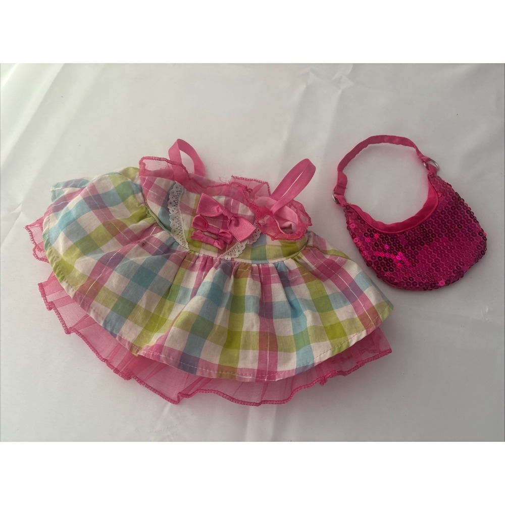 Build A Bear Pink Green Plaid Summer Dress With Cute Sequin Purse